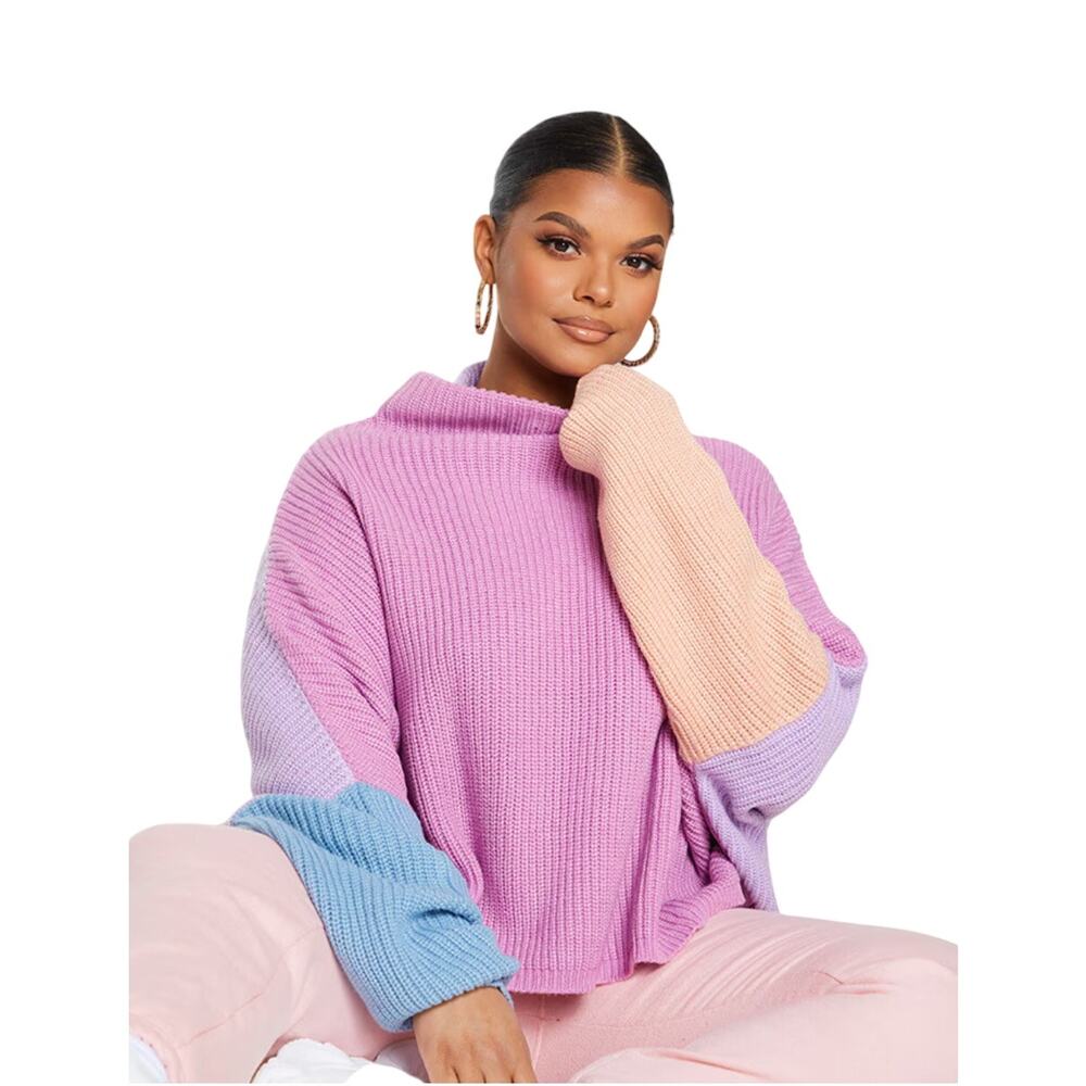 PrettyLittleThing Mock Neck Oversized Color Block Cropped Sweater, Small, NWT